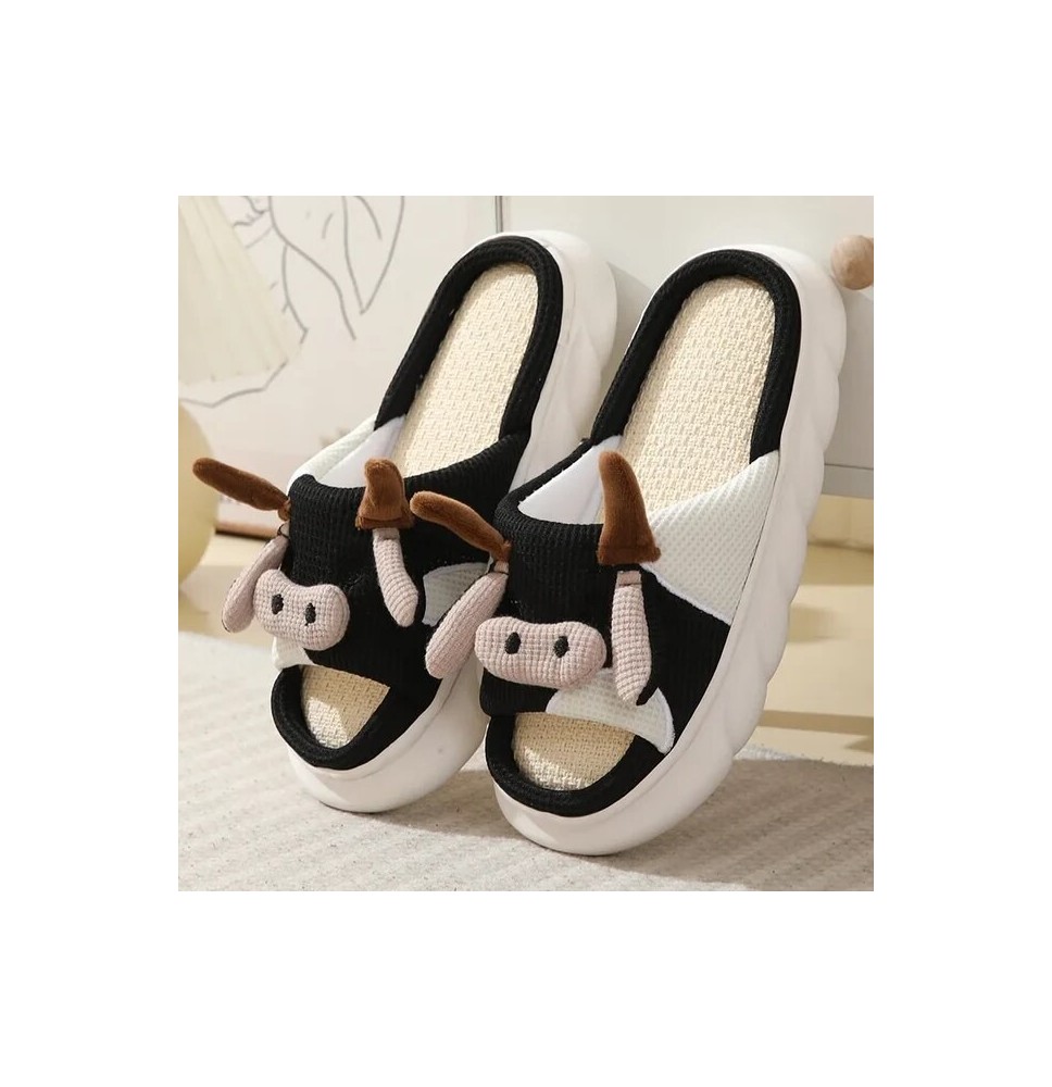 Pantofole in lino di mucca simpatico cartone animato quattro stagioni sandali in lino di cotone per interni universali antiscivo
